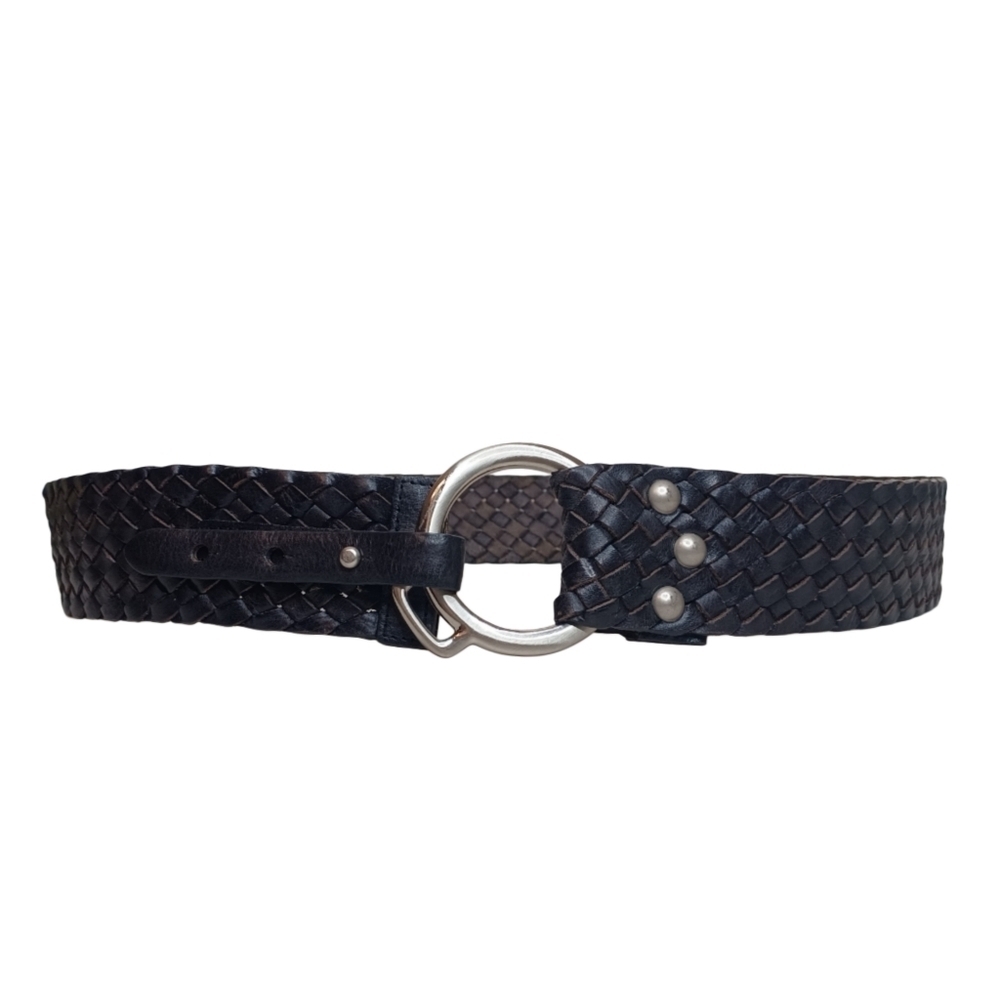Talbots Vintage Boho Sz M Woven Braided Black Leather O Ring Belt